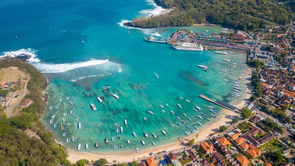 Aerial : Padang Bai Port area,popular destination to Nusa Dua is